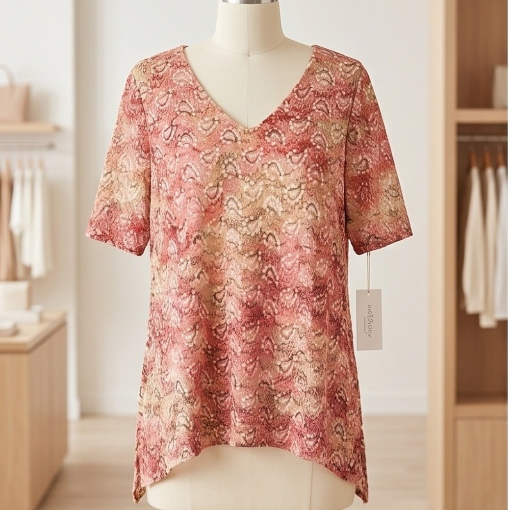 Maggie Barnes for Catherines 2X Lace V-Neck Tunic Top Peach Pink Tan Plus Size